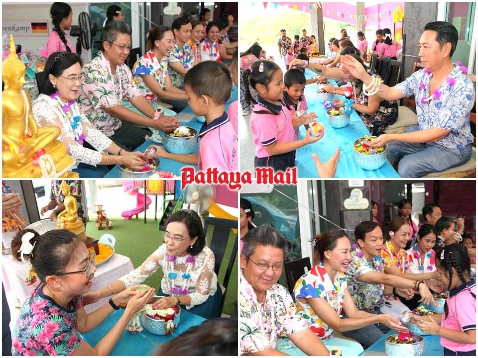 Junge leute feiern songkran fest im asean education center pattaya mail