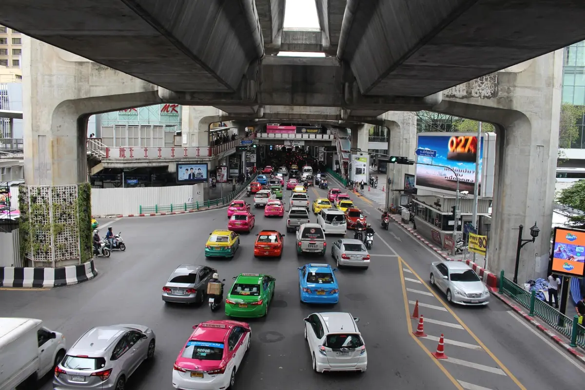 bangkok, thailand, traffic jam, traffic, asia, travel, architecture, building, thai, buildings, taxi, engine, motorbike, motorcycle, worth seeing, big city, a lot of traffic, automobile, sightseeing, multicoloured, car wallpapers, crosswalk, car, sky train, bridge, underpass