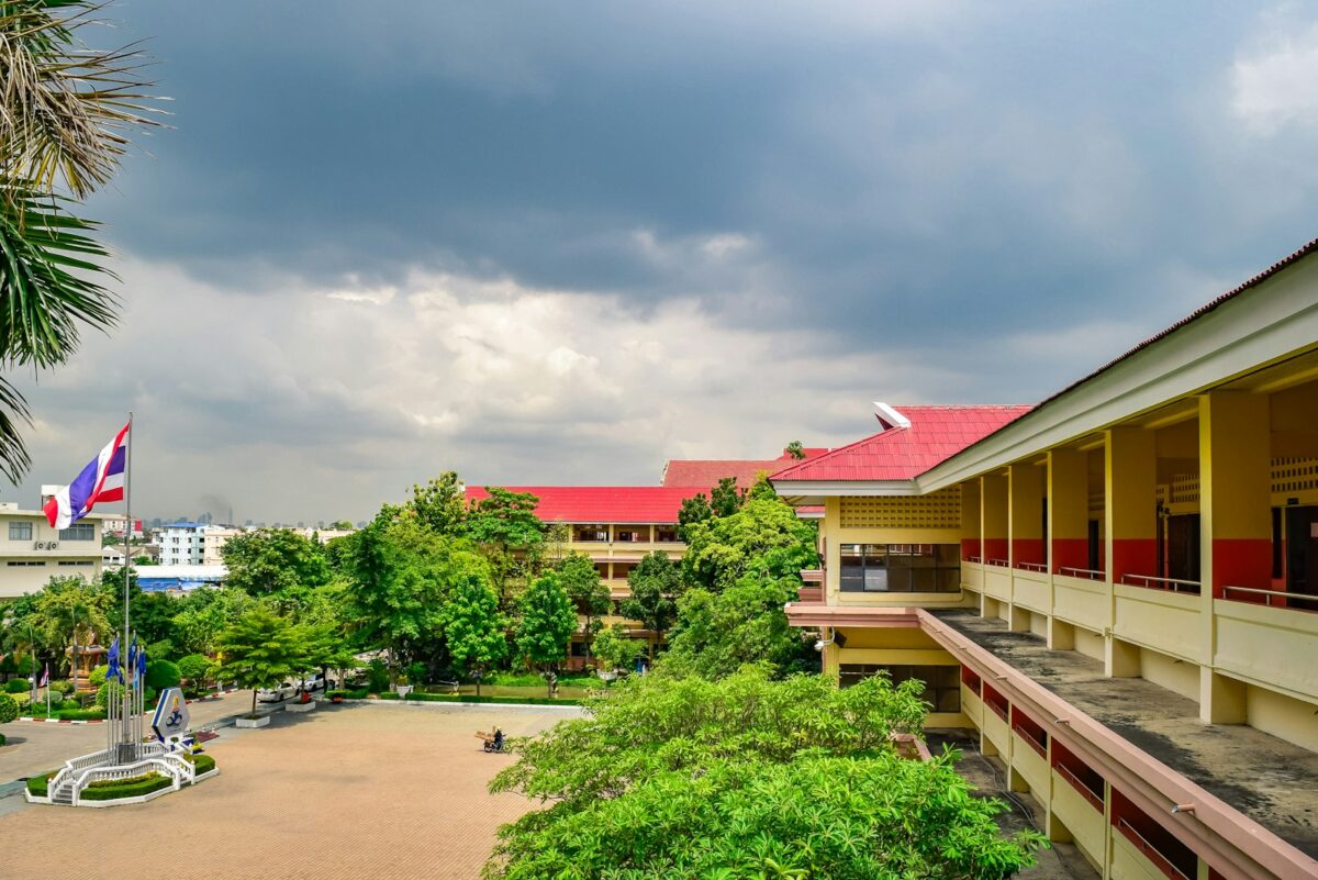 A view of a building from a balcony