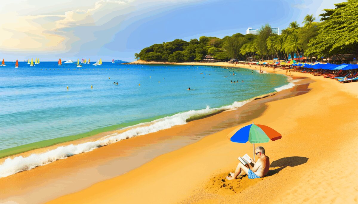 A sunlit tropical beach with golden sand and turquoise water. A person sits under a multicolored umbrella reading a book in the foreground while colorful sailboats dot the horizon and palm trees line the distant shoreline.