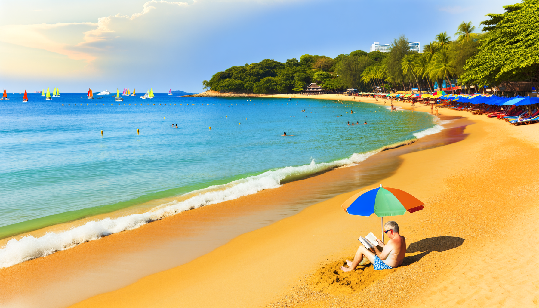 A sunlit tropical beach with golden sand and turquoise water. A person sits under a multicolored umbrella reading a book in the foreground while colorful sailboats dot the horizon and palm trees line the distant shoreline.