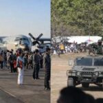 Kinder bestaunen Panzer und Kampfjets